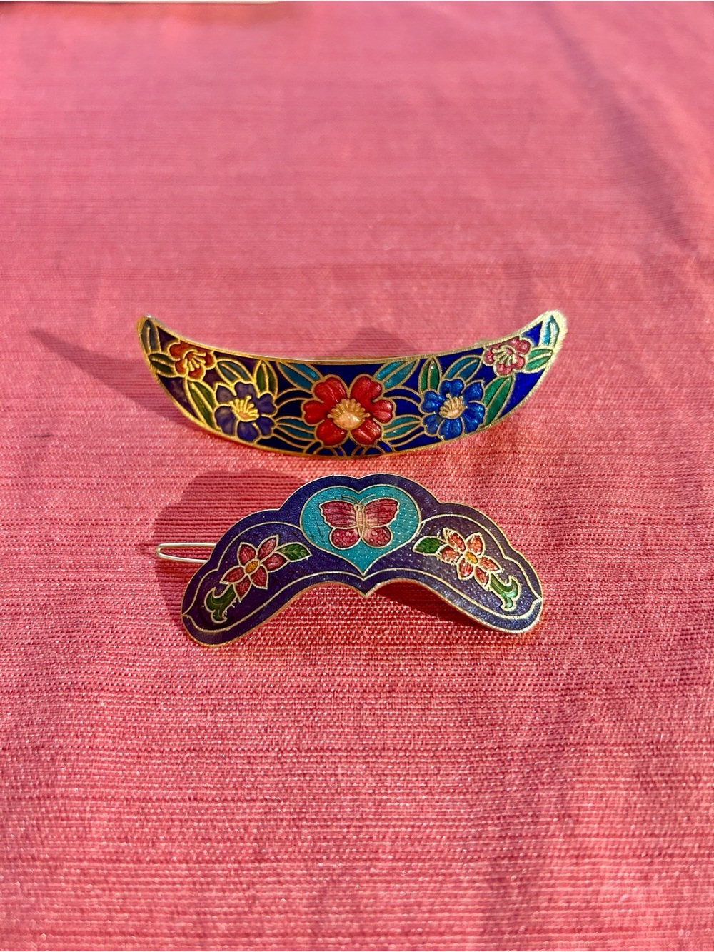2 Cloisonné Floral & Butterfly Barrettes in Blue and Red